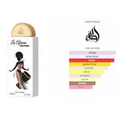 Lattafa Pride La African Drummer parfumfles met vrouw drummer illustratie en geurprofiel